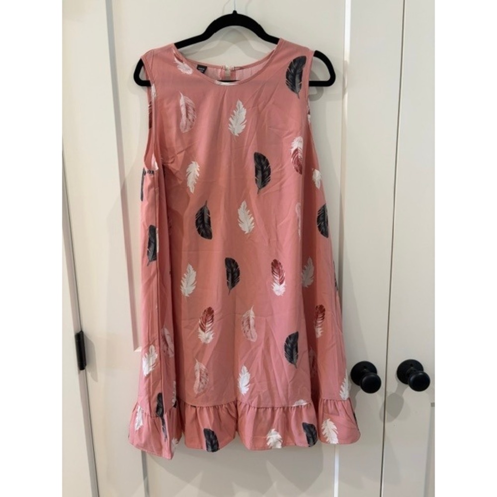 SHEIN Curve Pink Feather Print Sleeveless Ruffle Hem A-Line Dress 1XL Boho